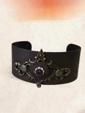 Cuff Bracelet Bronze Tone Metal Derp Red Rhinestone Ornate Filigree Brass Color